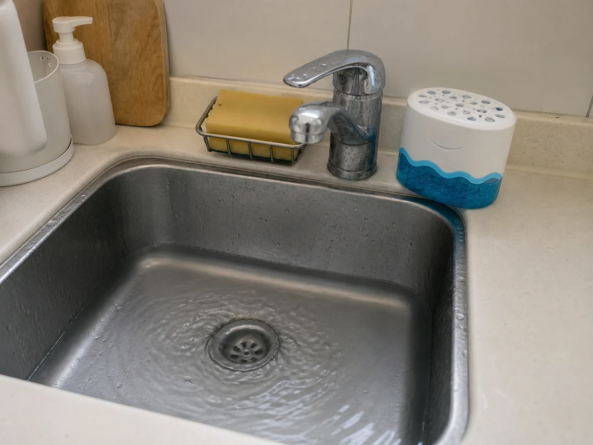 Masking persistent drain odour with fragrance — Restore trap water and have persistent odour or backflow checked.