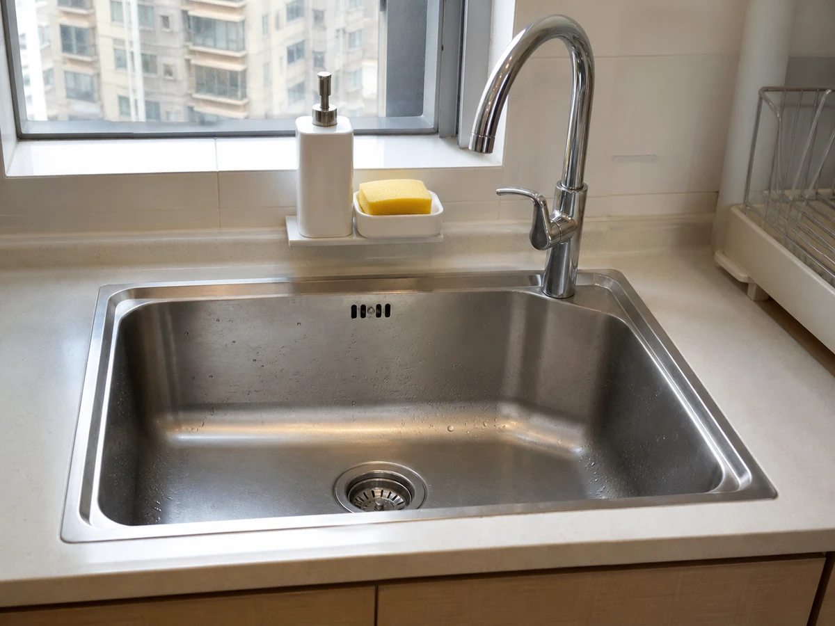 How to Clean a Kitchen Sink and Reduce Odour: Clear the sink and inspect