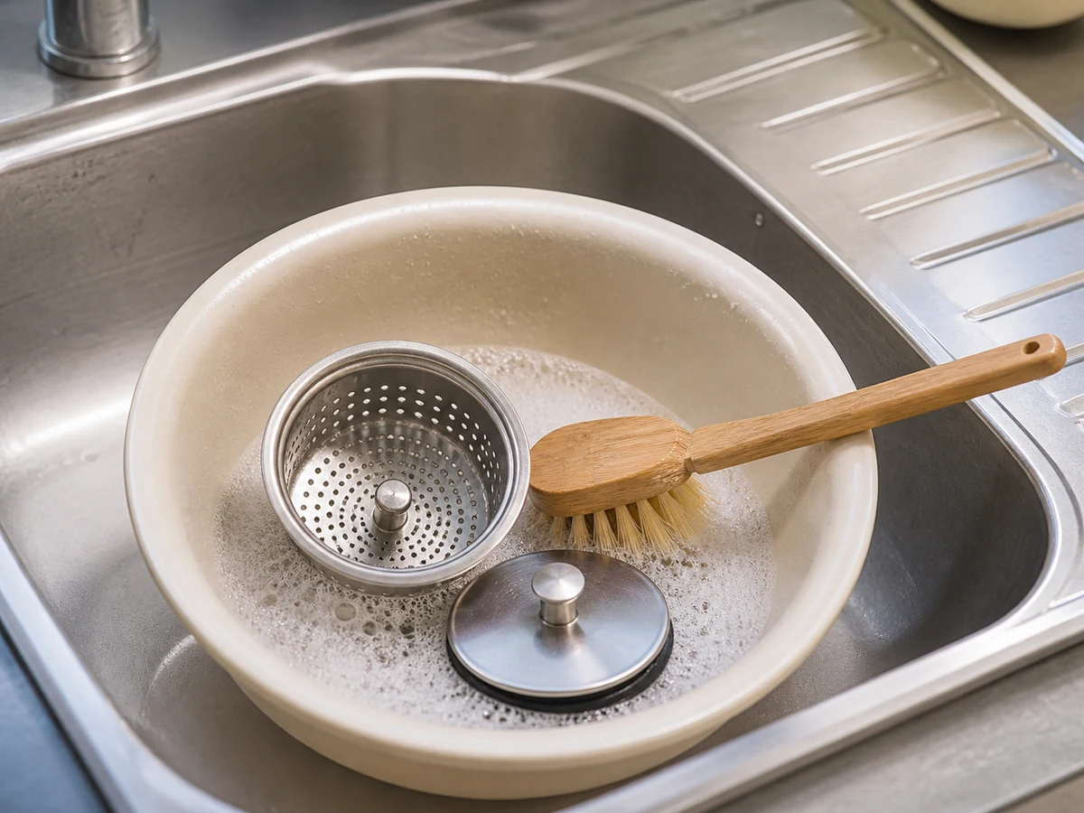 How to Clean a Kitchen Sink and Reduce Odour: Wash the strainer and stopper