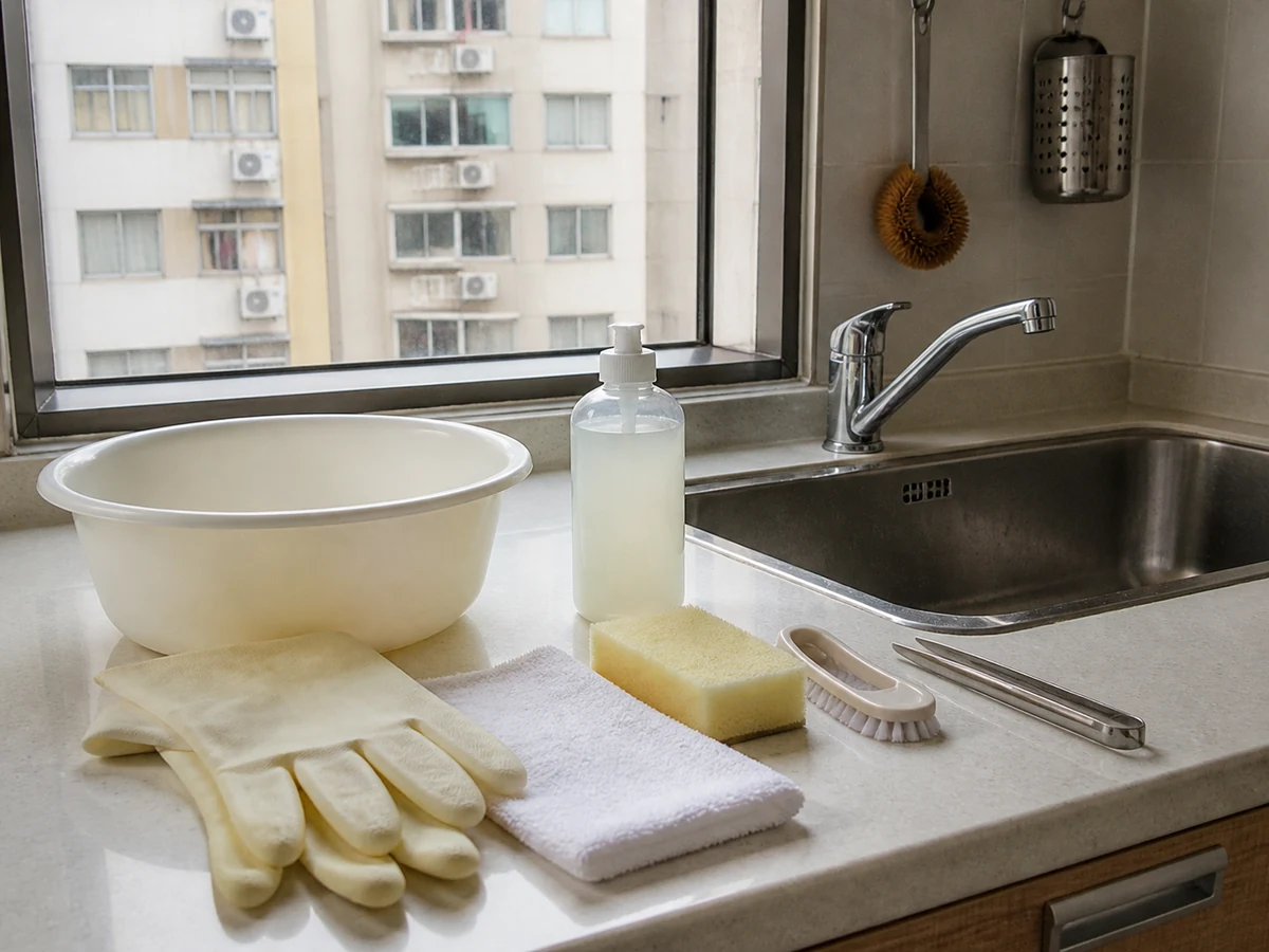 Cleaning gloves, soft sponge, small brush, mild dish soap, clean water, and dry cloth