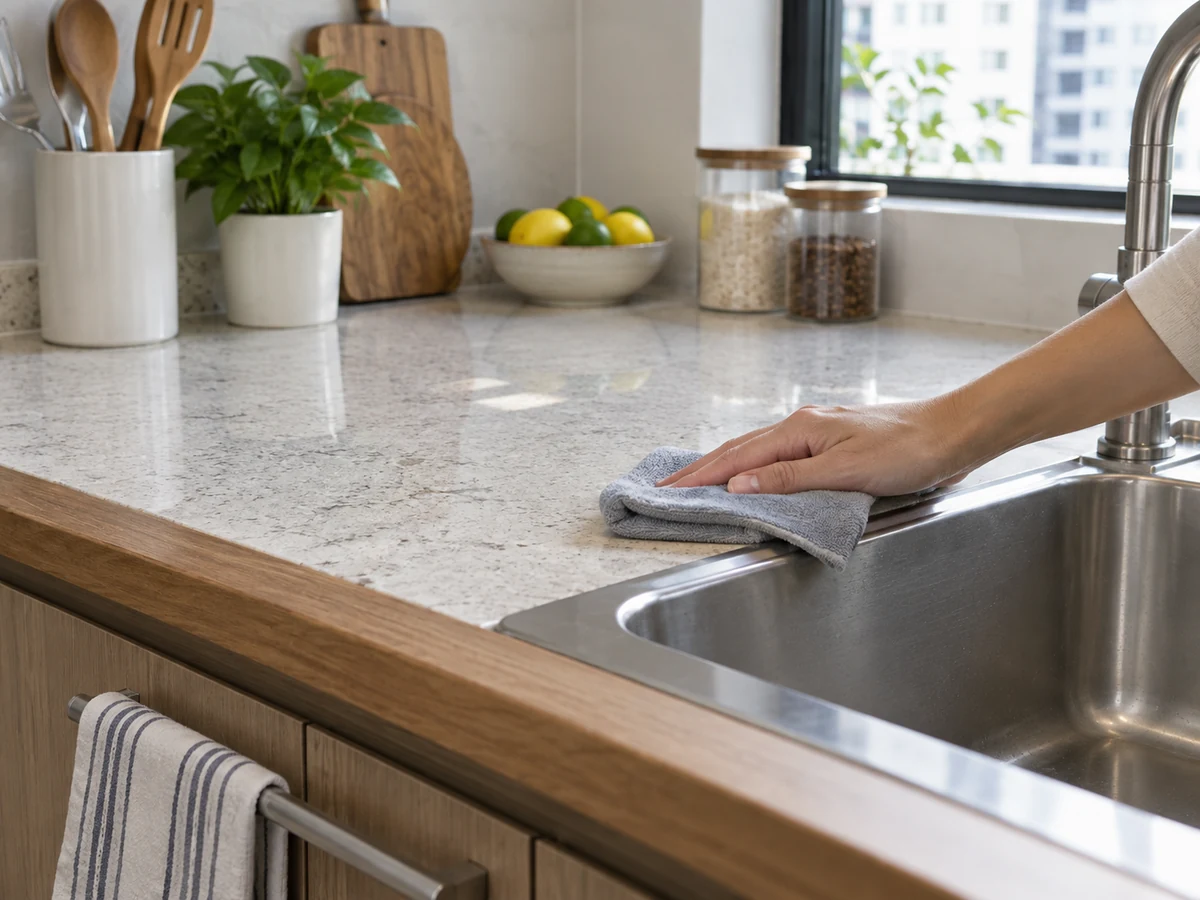 Laminate, wood, stone and stainless worktops being wiped along seams with a damp soft cloth