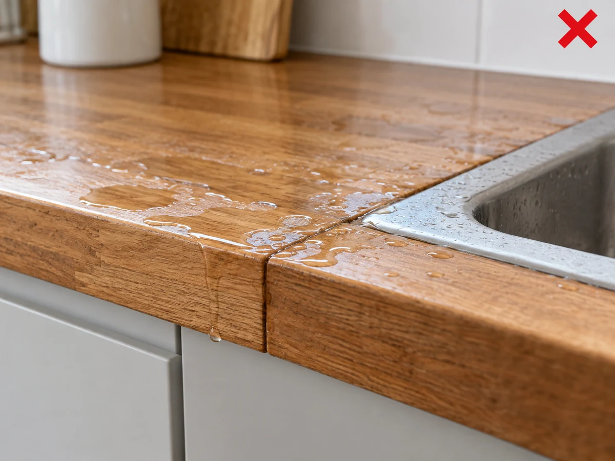 Leaving water on wood edges or seams — Use a damp—not wet—cloth and dry straight away.