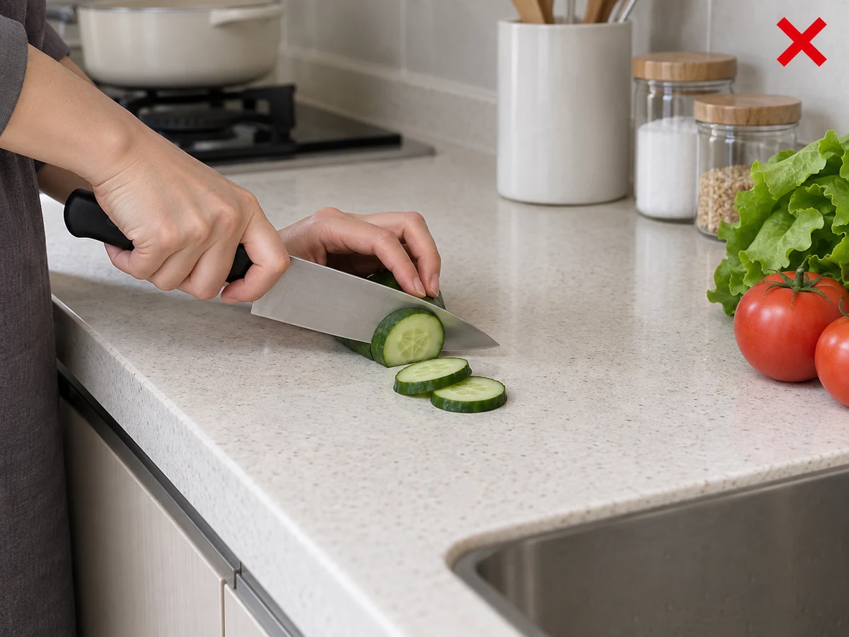 Using the worktop as a cutting board — Use a board and a trivet to protect the surface.