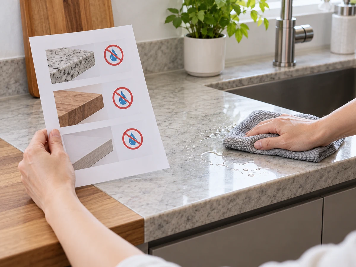 Clean Kitchen Worktops by Material: Confirm material and limits