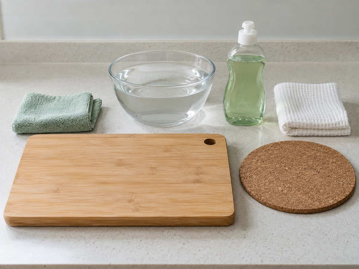 Soft cloth, warm water, material-approved cleaner, dry cloth, board and trivet