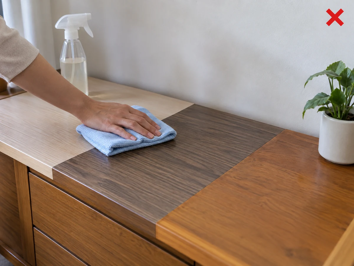 Iisang finish ang turing sa lahat ng furniture surface — Kilalanin ang laminate, veneer, o sealed wood at sundin ang maker guidance.
