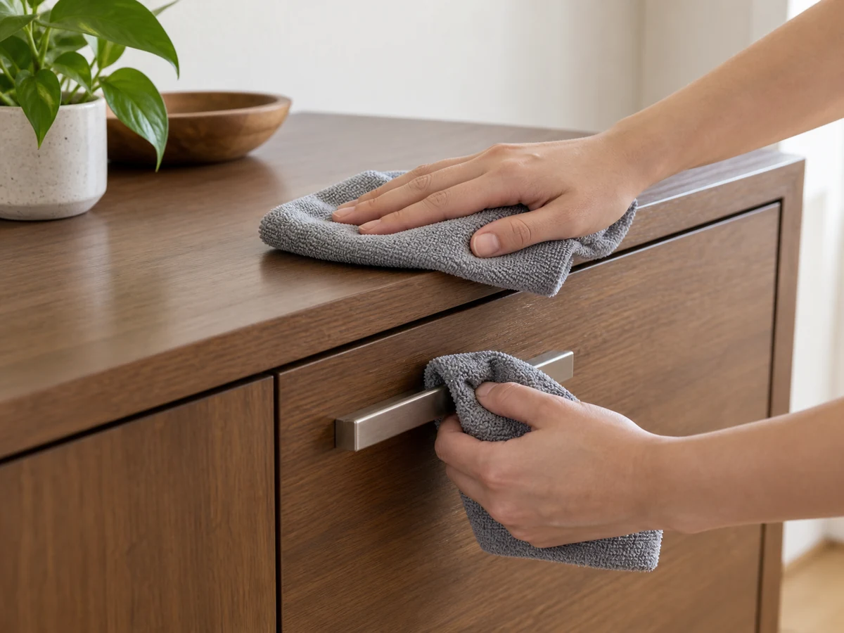 Paano Linisin ang Laminate, Veneer, at Sealed-wood Furniture: Alisin muna ang alikabok gamit ang tuyong microfibre cloth, kasama ang seams, edges, at hardware para hindi kumaskas ang grit