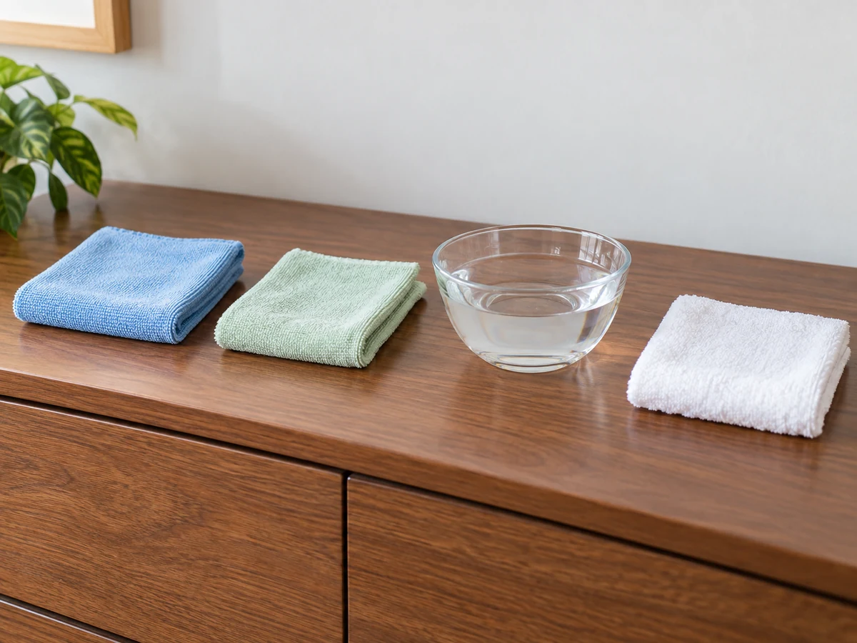 Paano Linisin ang Laminate, Veneer, at Sealed-wood Furniture — Tuyong microfibre cloth, Bahagyang mamasa-masang soft cloth, Malinis na tubig, Tuyong absorbent cloth