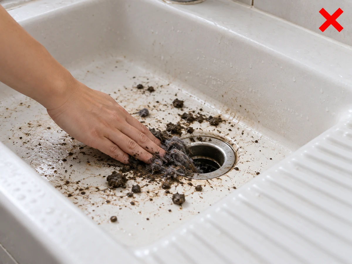 Itinutulak ang lint at putik sa drain — Ilagay sa waste bag ang lint, putik, at solids mula sa strainer.