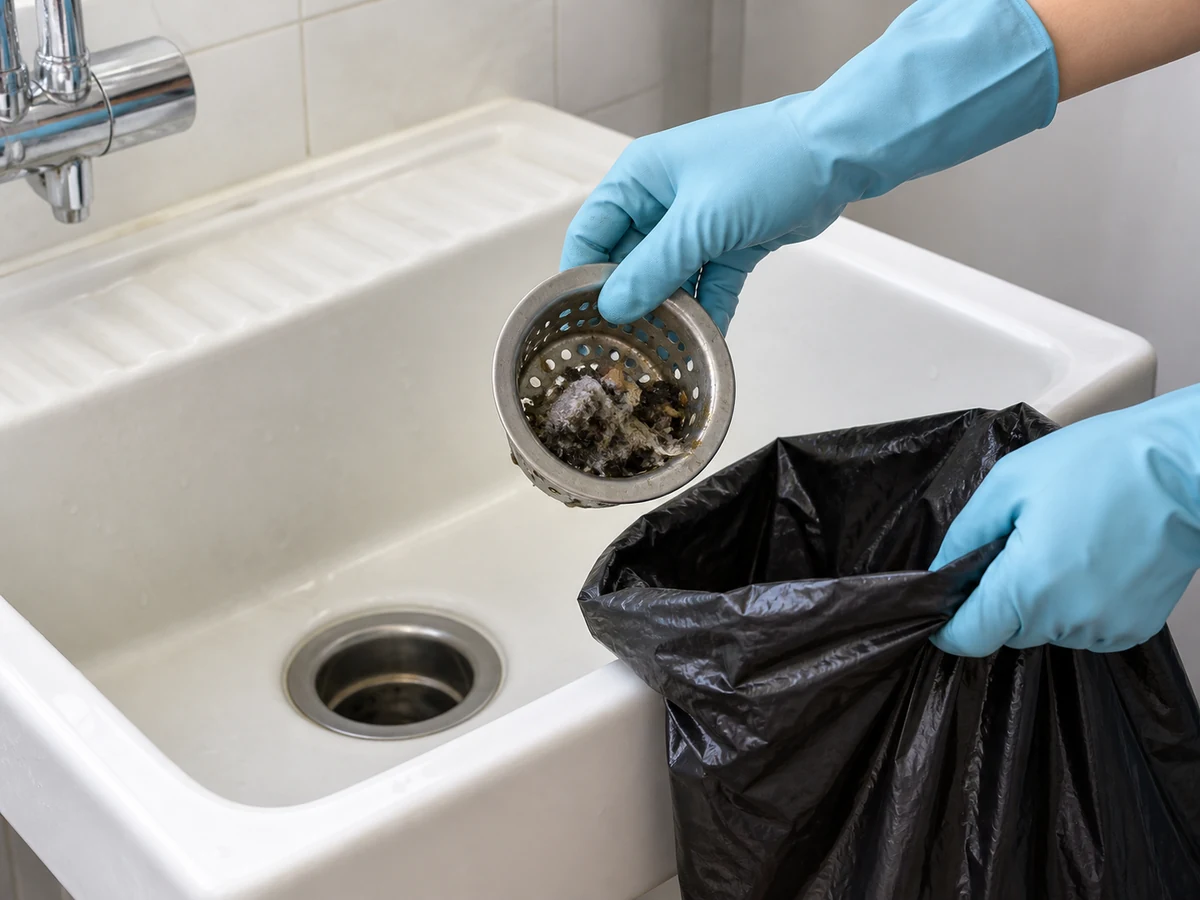 Paano Linisin ang Laundry o Utility Sink at Removable Strainer: Magsuot ng gloves, alisin ang accessible strainer at ilagay ang lint, putik, at solids sa waste bag