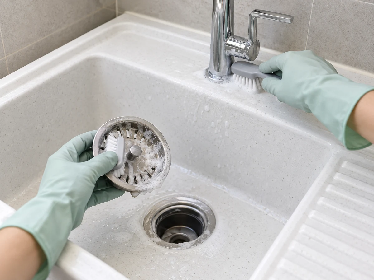 Paano Linisin ang Laundry o Utility Sink at Removable Strainer: Gumamit ng compatible product at soft brush sa strainer, basin, at tap area