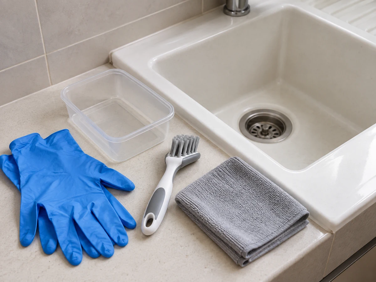 Paano Linisin ang Laundry o Utility Sink at Removable Strainer — Nitrile gloves, Utility-zone brush, Lalagyan ng removable strainer, Malambot na tela