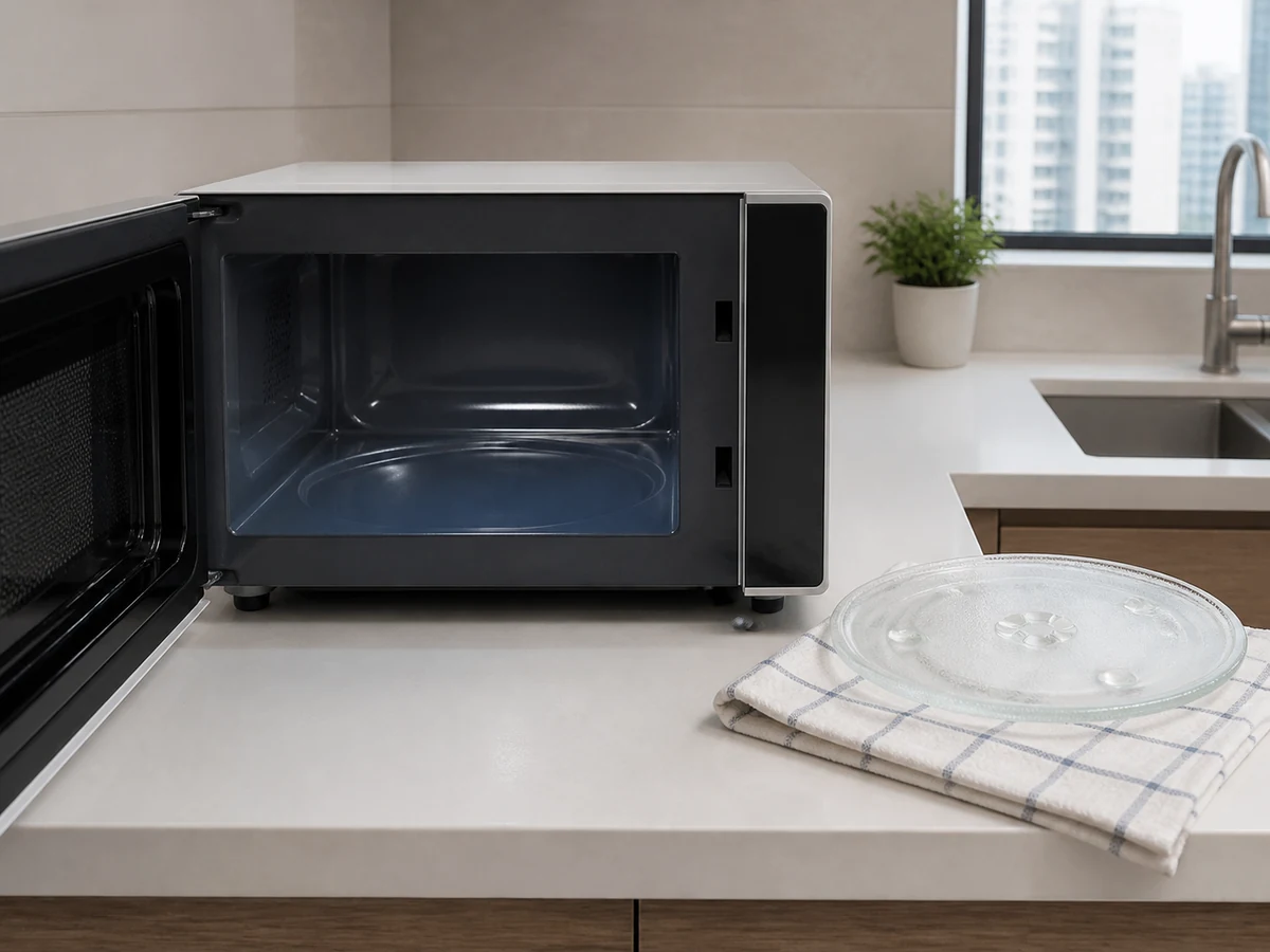 Clean microwave with its door open and the glass turntable drying beside it
