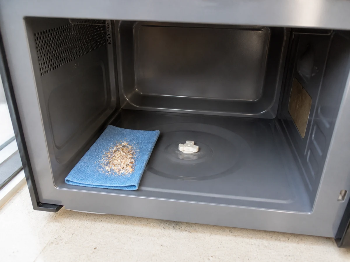 How to Clean the Inside of a Microwave: Collect loose crumbs first