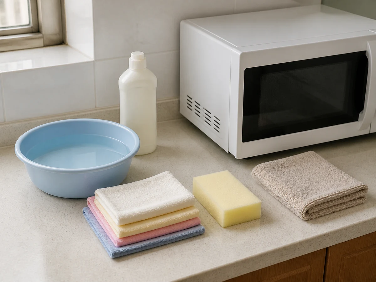 Soft cloths, warm water, mild dish soap, soft sponge, and dry towel