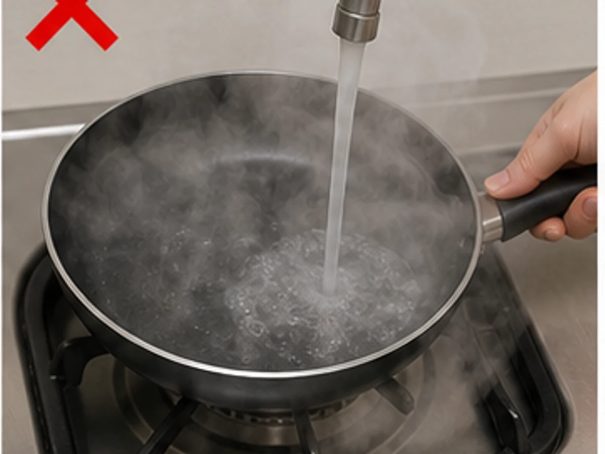 Running cold water into a hot pan — Let it cool naturally to reduce warping.