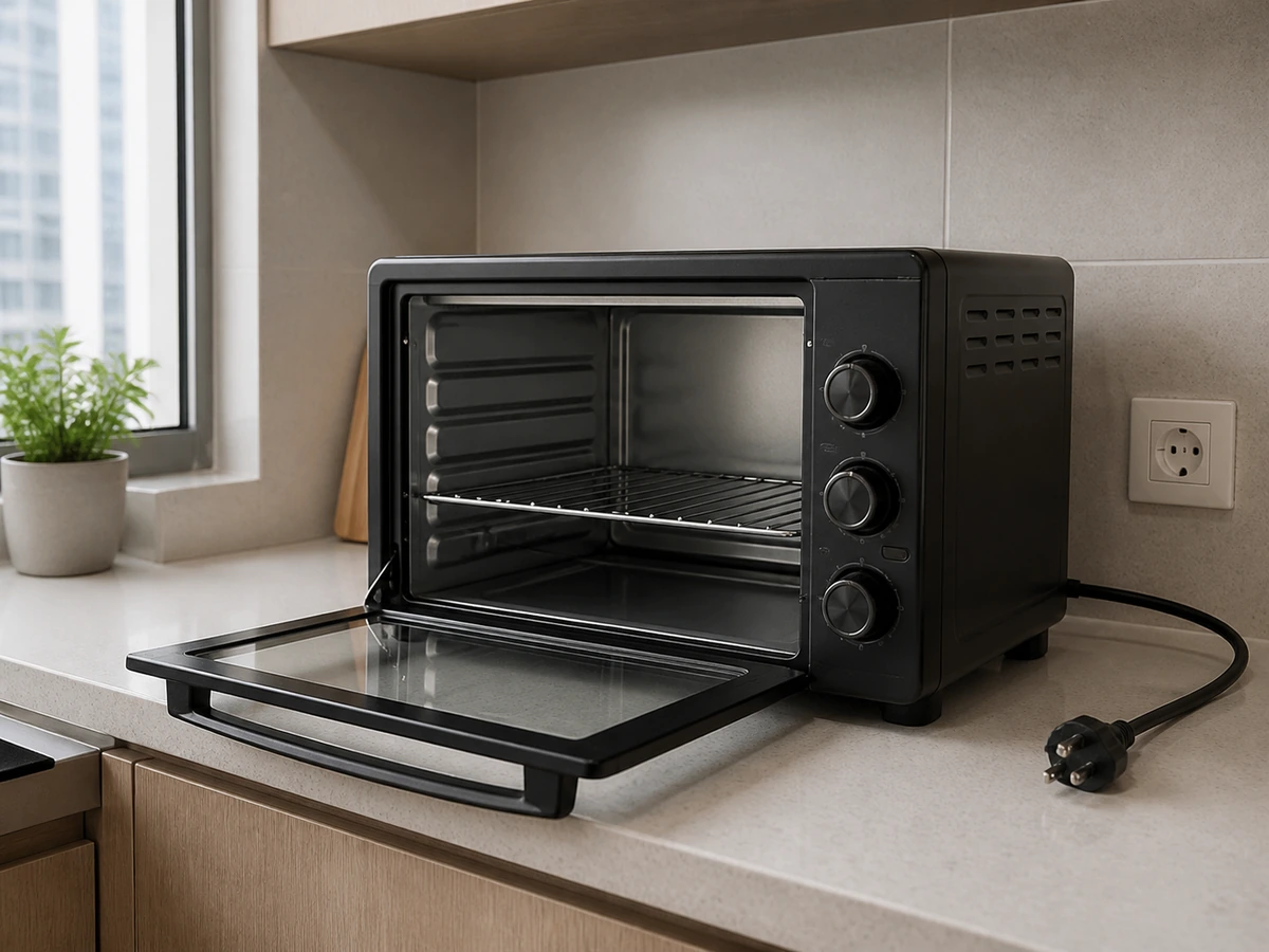 Switched-off cool and dry oven open beside soft cloths and a non-abrasive sponge