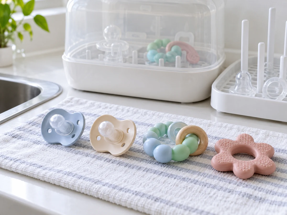 pacifiers and teethers prepared safely after its specific cleaning workflow