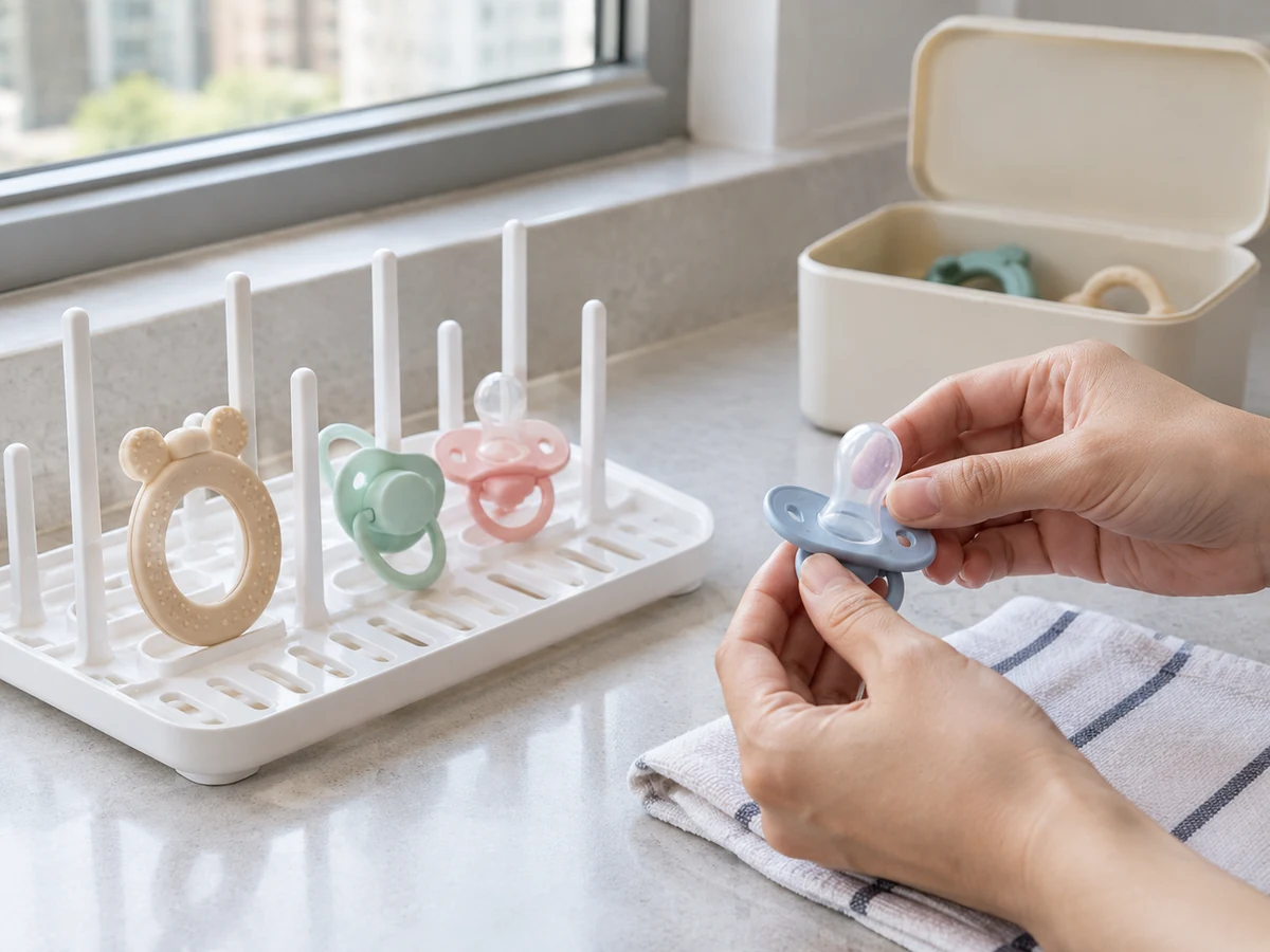 Cara Membersihkan Empeng dan Teether serta Mensterilkan Secara Terpisah: Keringkan dengan udara dan periksa