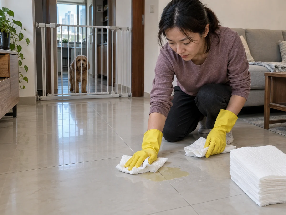 Clean Pet Accidents from Hard Floors by Surface Type — pet kept away while a hard floor is blotted with pet-only cloths