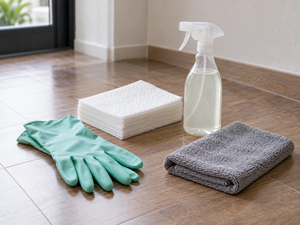 Clean Pet Accidents from Hard Floors by Surface Type — Gloves, Pet-only paper towels, Surface-compatible cleaner, Dry floor cloth