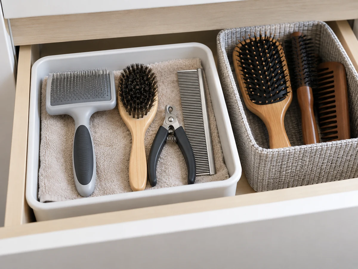 Clean Pet Combs, Brushes and Nail-clipper Exteriors — dry pet-grooming tools stored separately from human brushes