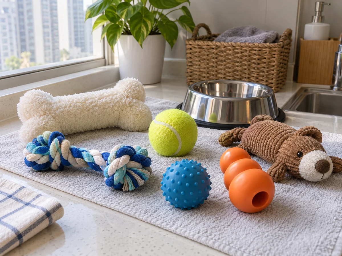 How to Clean Pet Toys by Material — Items safely arranged after cleaning with no visible soil left on the surfaces