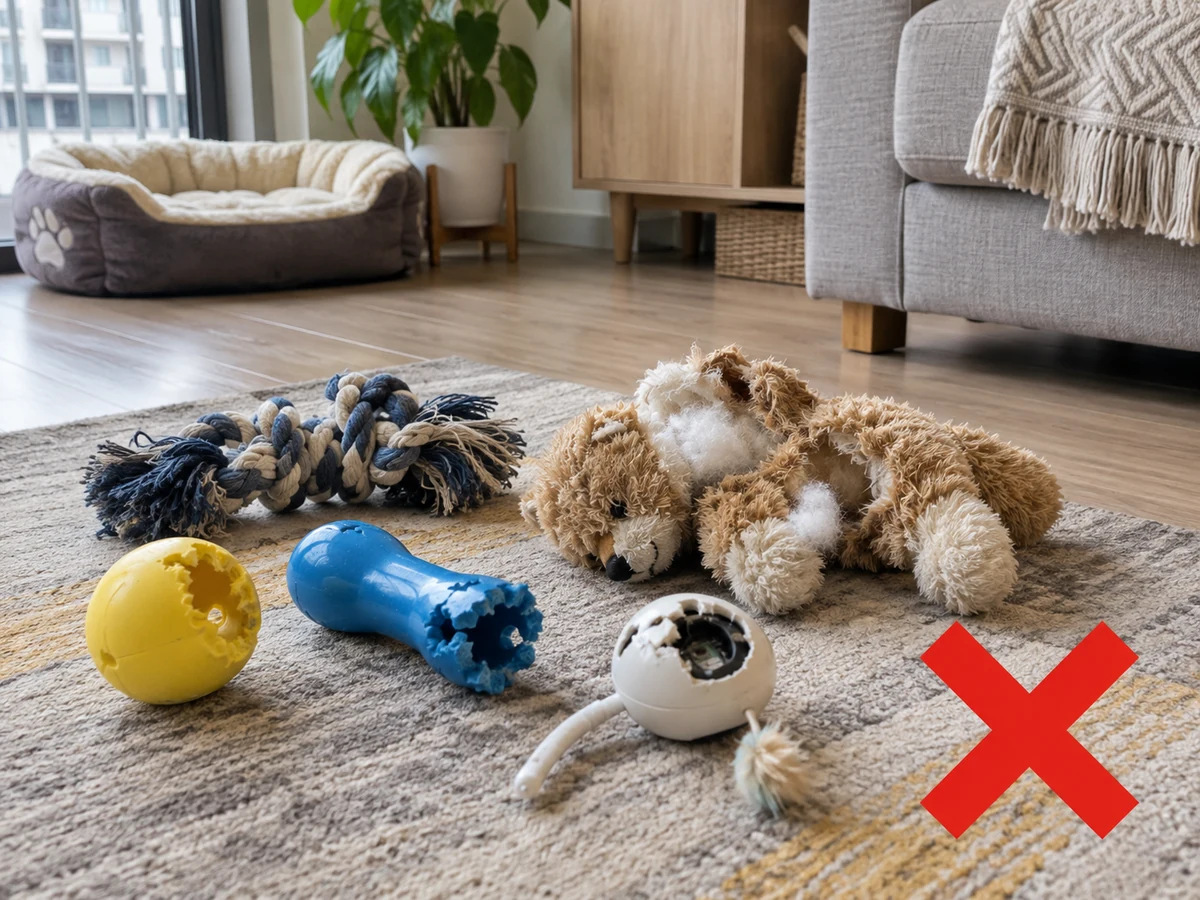 Continuing to use damaged toys — Move the pet safely away, separate rubber, hard plastic, fabric and electronic toys, and inspect bite holes, loose parts and exposed stuffing.