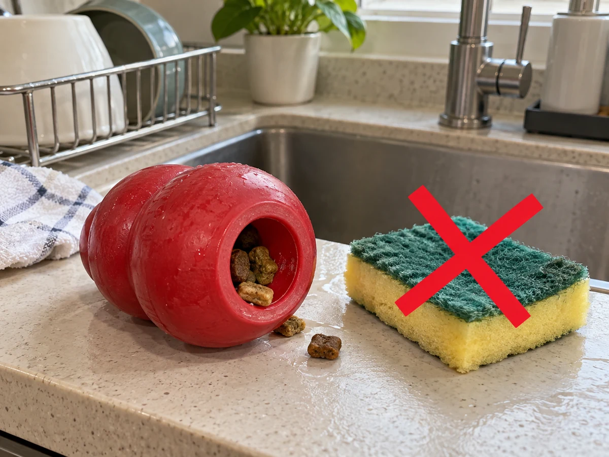 Missing food hidden in cavities — Remove food and hair; brush cavities in rubber food toys with a dedicated soft brush rather than the dish sponge.