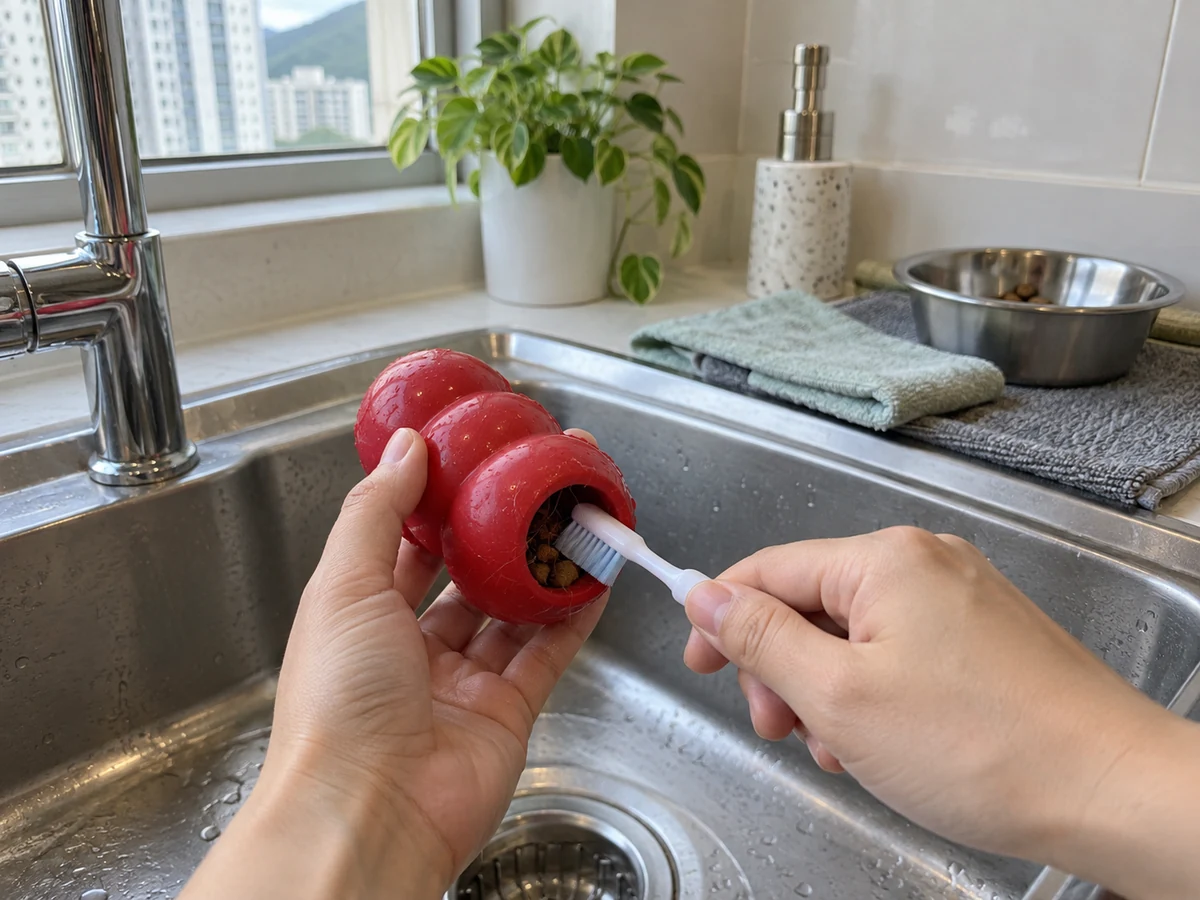 How to Clean Pet Toys by Material: Remove food from cavities