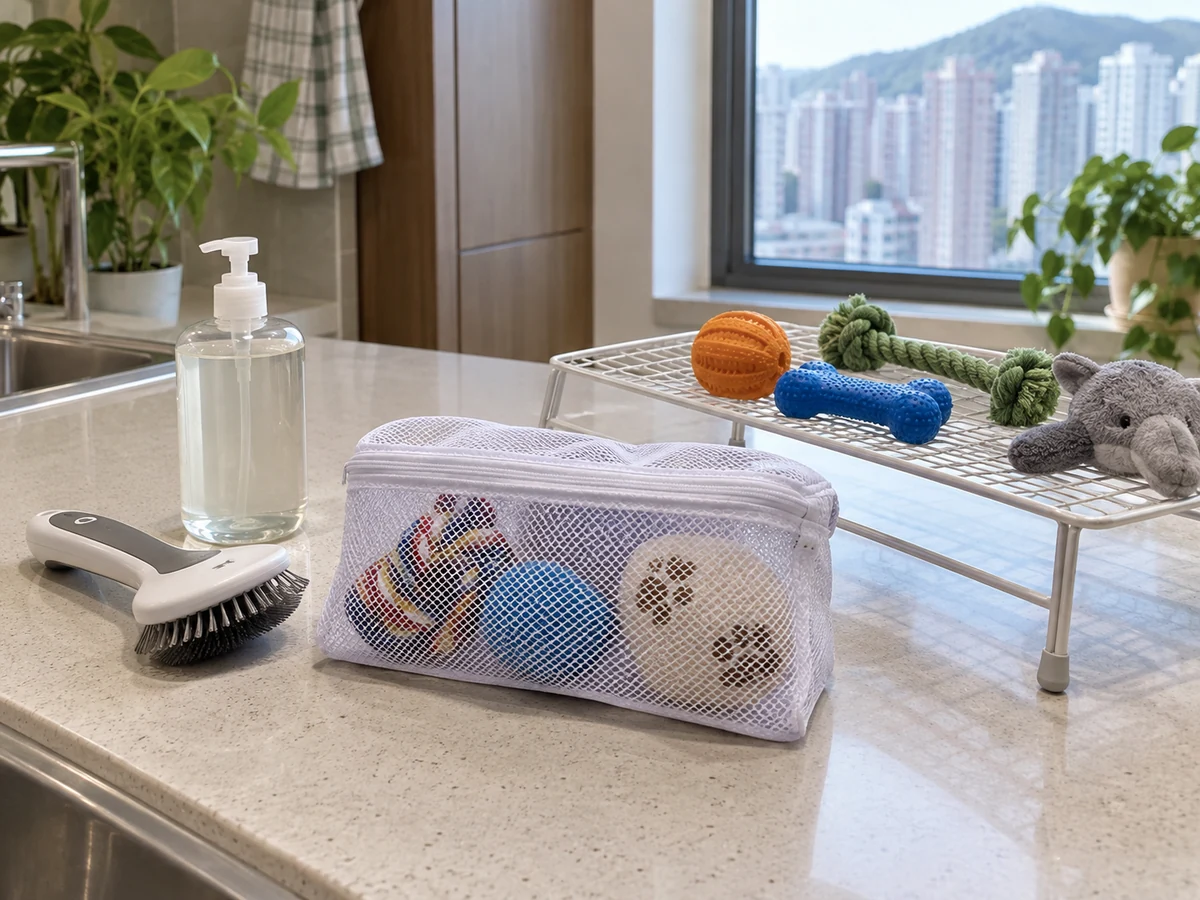 How to Clean Pet Toys by Material — Dedicated pet-supply brush, Compatible cleaner, Laundry mesh bag, Ventilated drying rack