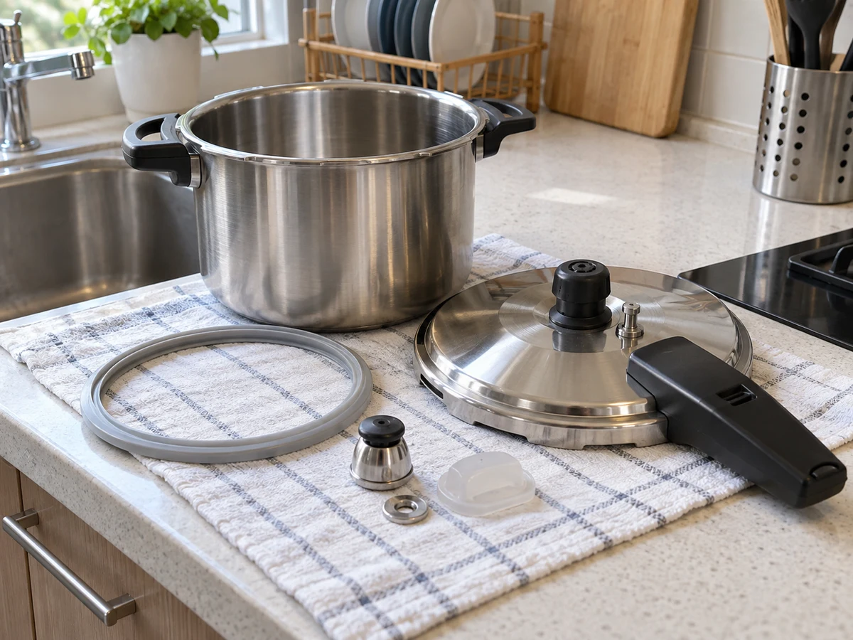 How to Clean Pressure-cooker Removable Parts Safely — Items safely arranged after cleaning with no visible soil left on the surfaces