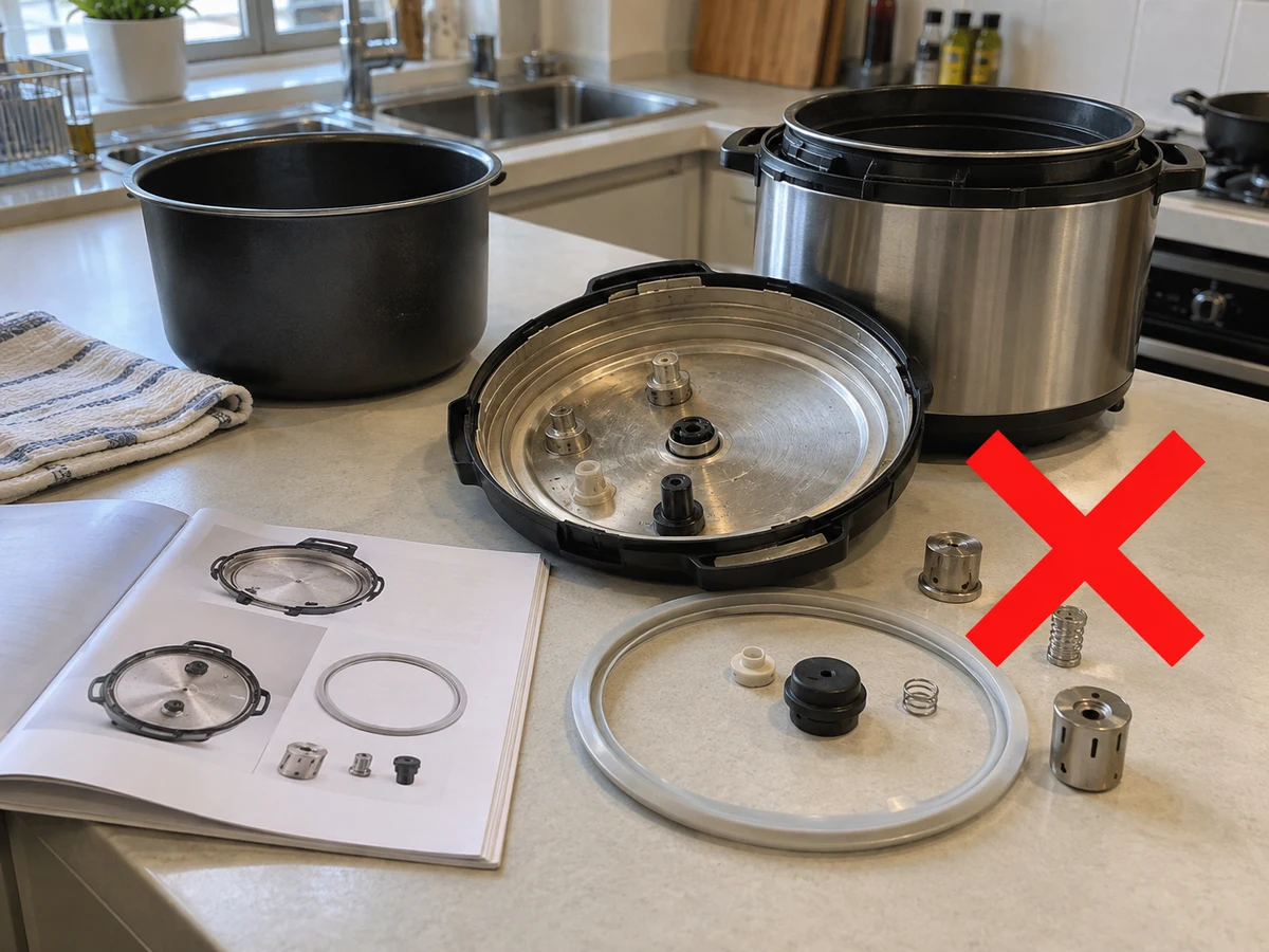Binabaklas ang safety parts nang walang tala — Itala ang puwesto ng sealing ring at bahagi ayon sa manwal; alisin lamang ang panloob na kaldero, ring at takip na pinapayagang linisin ng gumagamit.