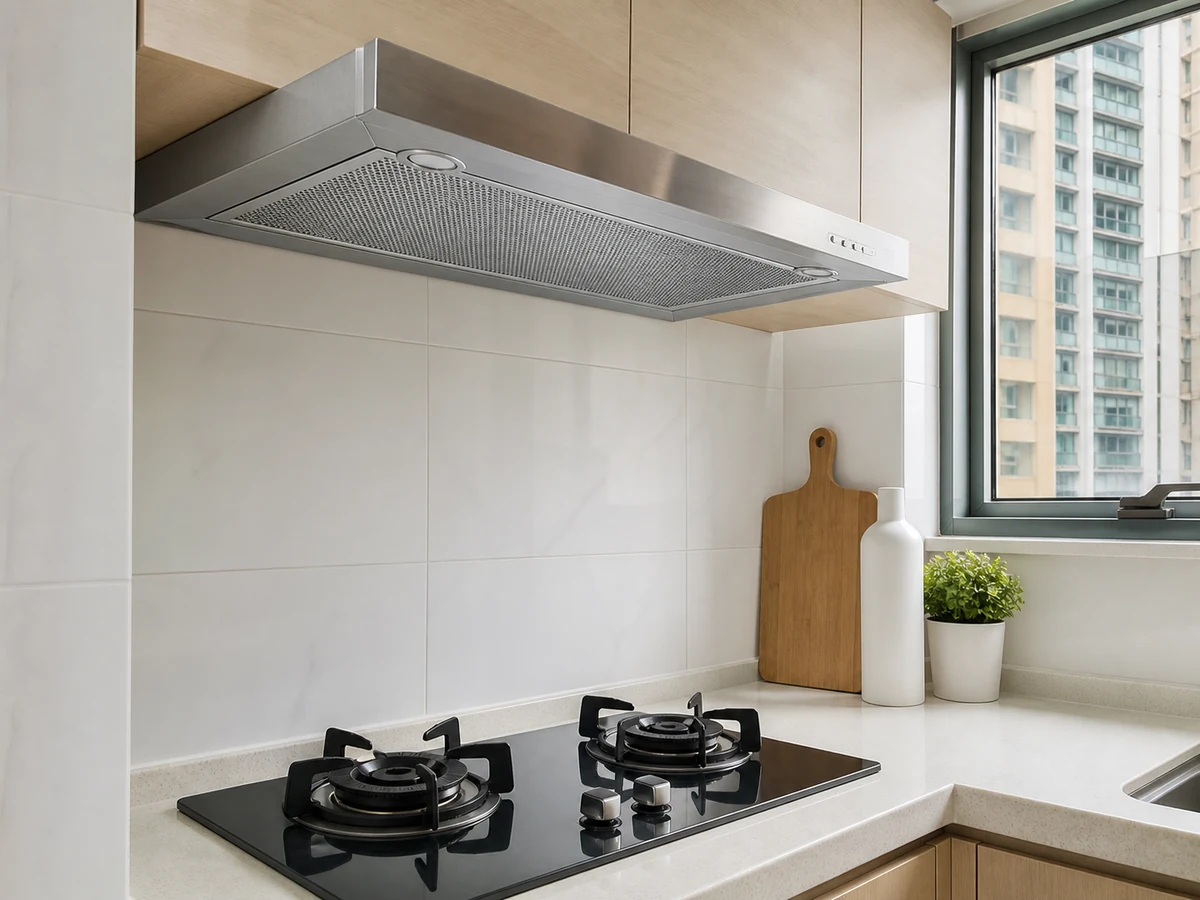 Switched-off range hood with a clean exterior and fully dry metal grease filter