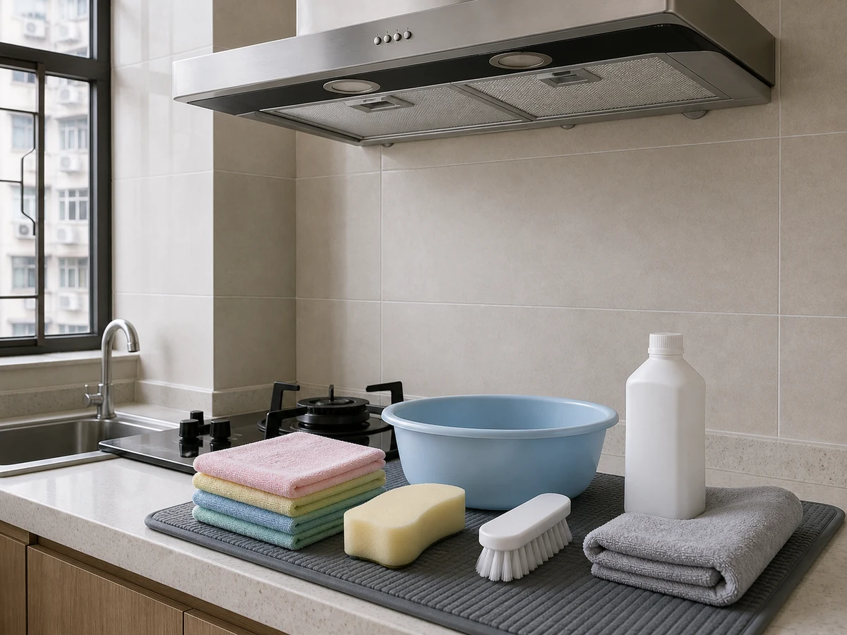 Soft cloths, warm water, mild detergent, soft brush, basin, and dry towel