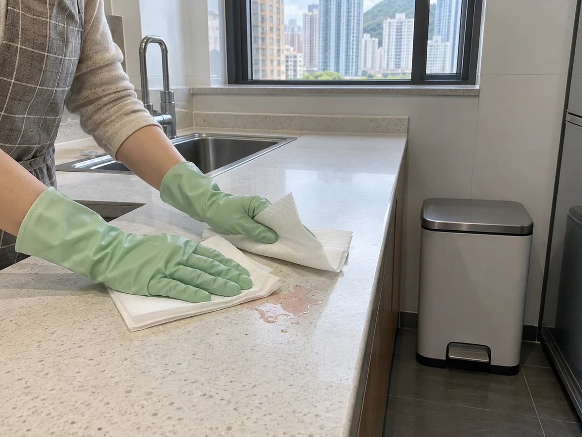 Raw-meat juice at a worktop corner lifted outside-in with paper while ready-to-eat food sits away