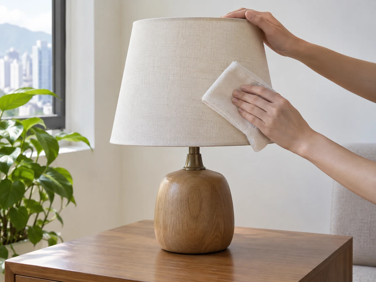 How to Clean Reachable Light Fittings and Lampshades Safely — A switched-off, cool table lamp and clean stable lampshade