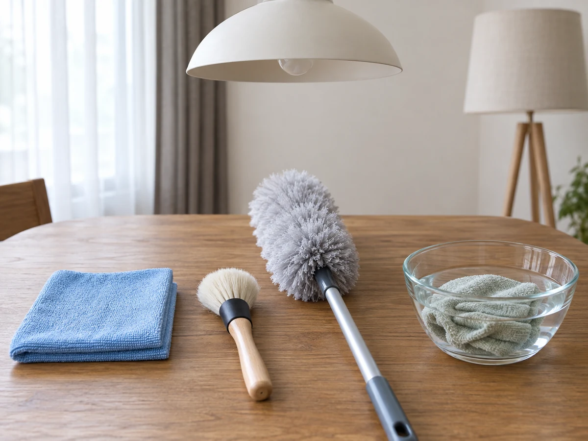 Cara Membersihkan Lampu dan Kap Lampu yang Terjangkau dengan Aman — Kain mikrofiber kering、Sikat kap lembut、Kemoceng panjang、Kain diperas sesuai bahan