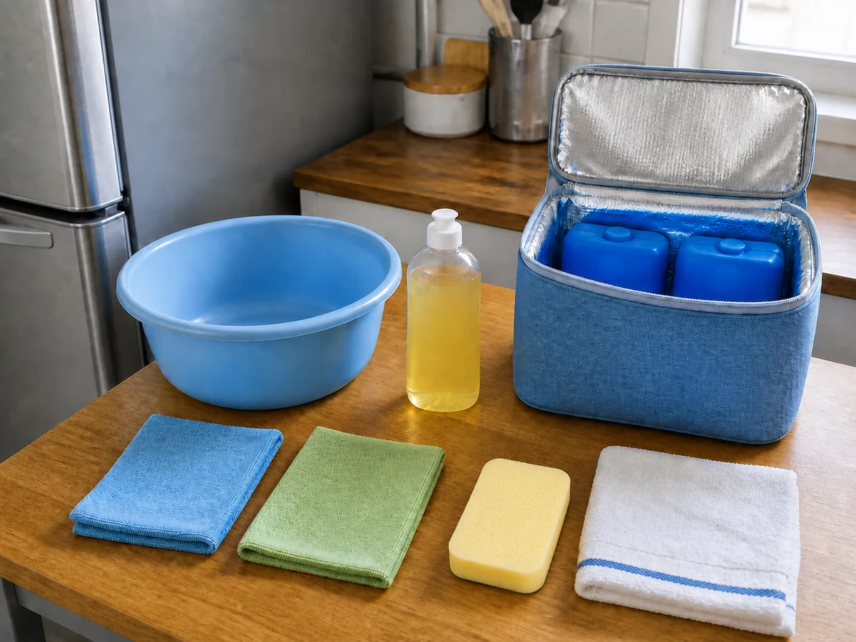 Palanggana, malalambot na basahan, sponge, mild detergent, tuwalya, at cooler na may ice packs para sa paglilinis ng refrigerator