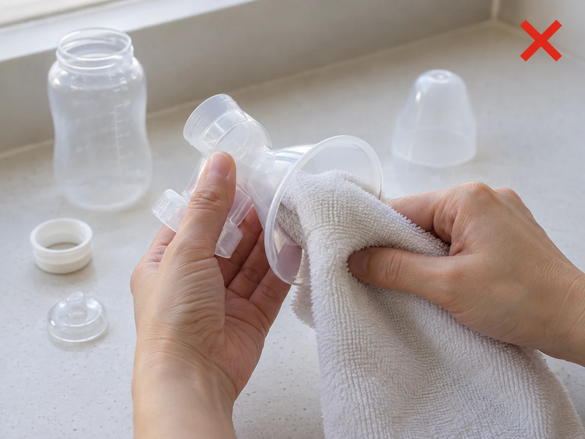 Towel-drying the inside of washed parts — Place rinsed parts on a clean unused rack or towel to air-dry instead of wiping the inside.