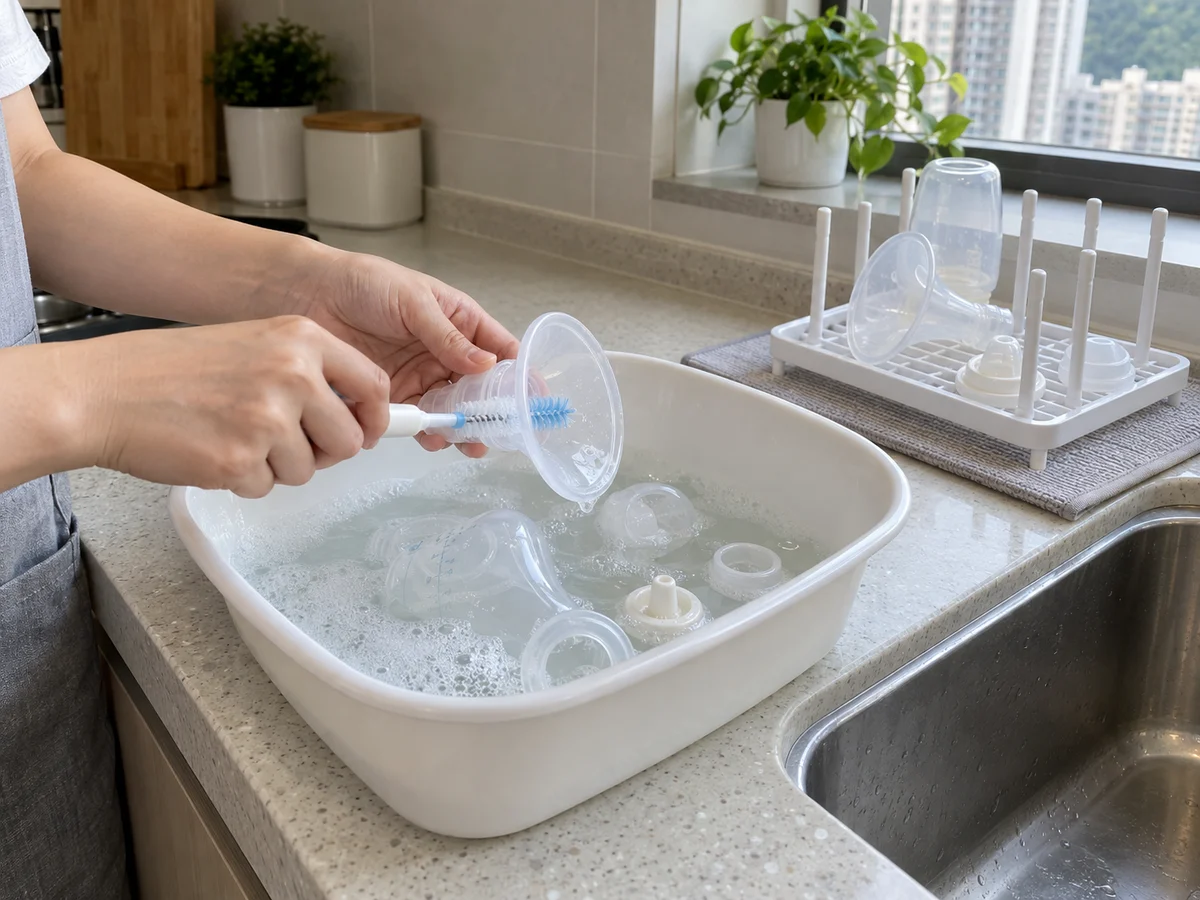 How to Clean Removable Breast-pump Parts by Maker Instructions: Wash, rinse and air-dry