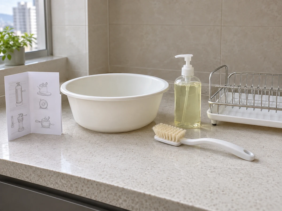 pump manual, clean wash basin, mild dish soap, dedicated brush, clean air-drying rack