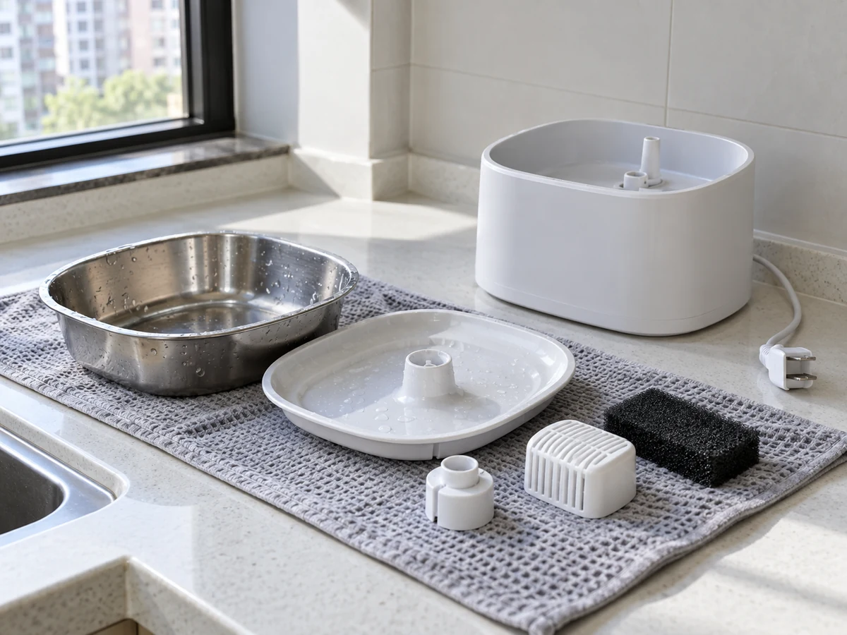 Clean Removable Pet-fountain Parts by Model — unplugged pet fountain with bowl parts drying beside the electrical base