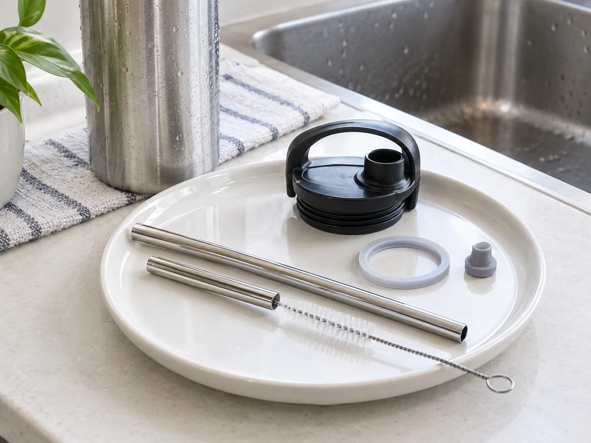A disassembled straw, narrow-bottle lid and seal on a parts dish, with a brush inside the channel