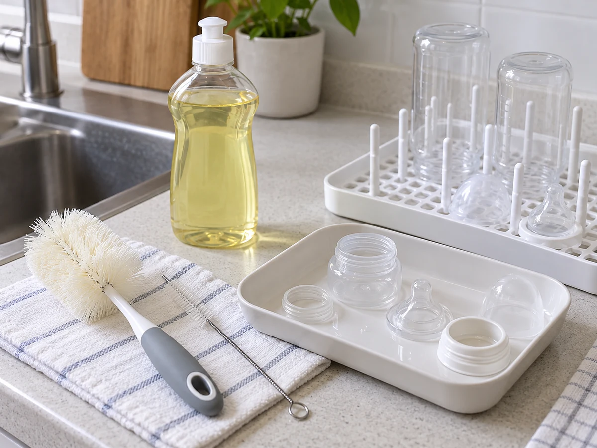 Bottle brush, straw brush, mild soap, parts dish at drying rack