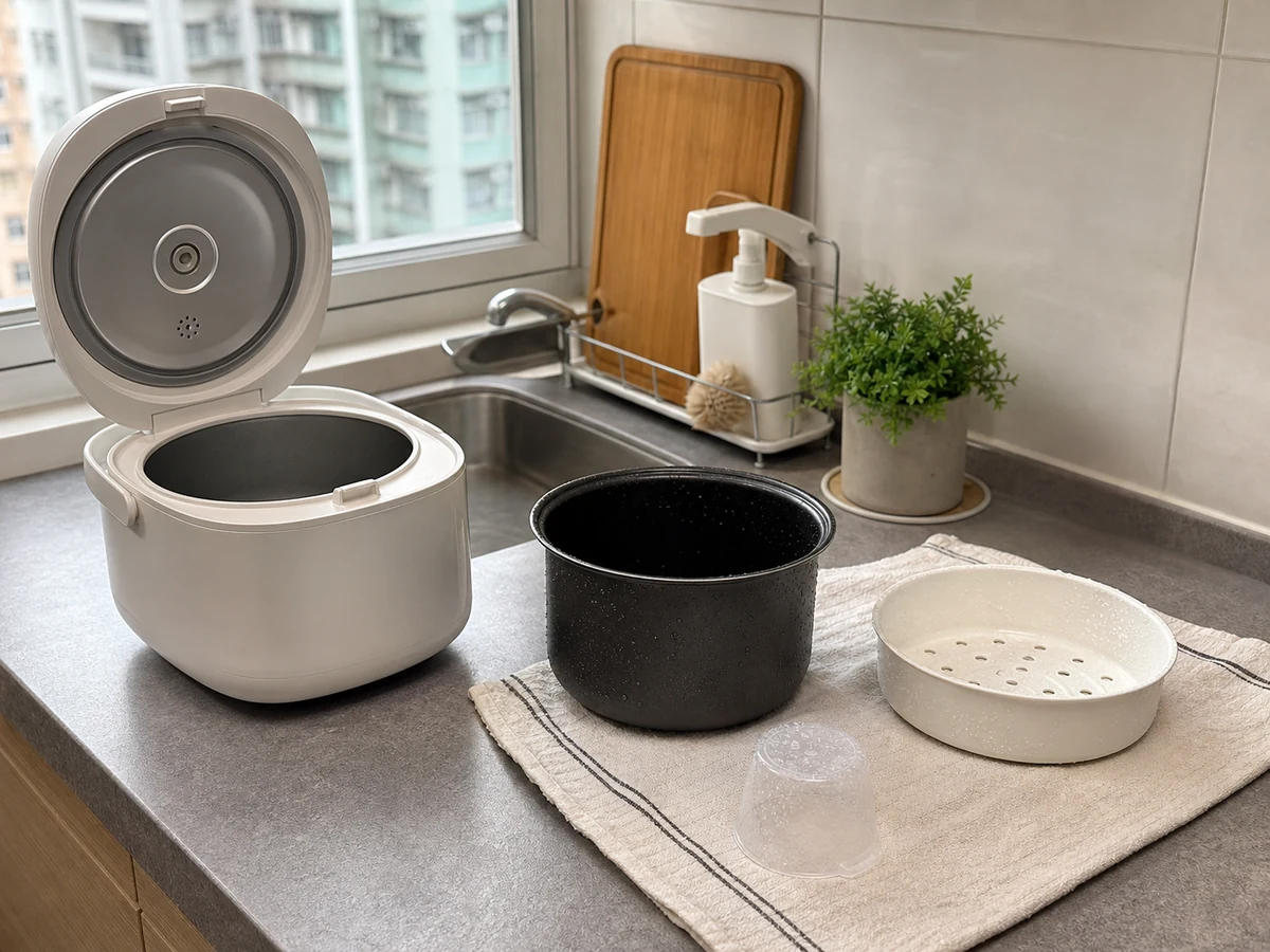 Unplugged clean rice cooker with its inner pan and removable parts drying beside it