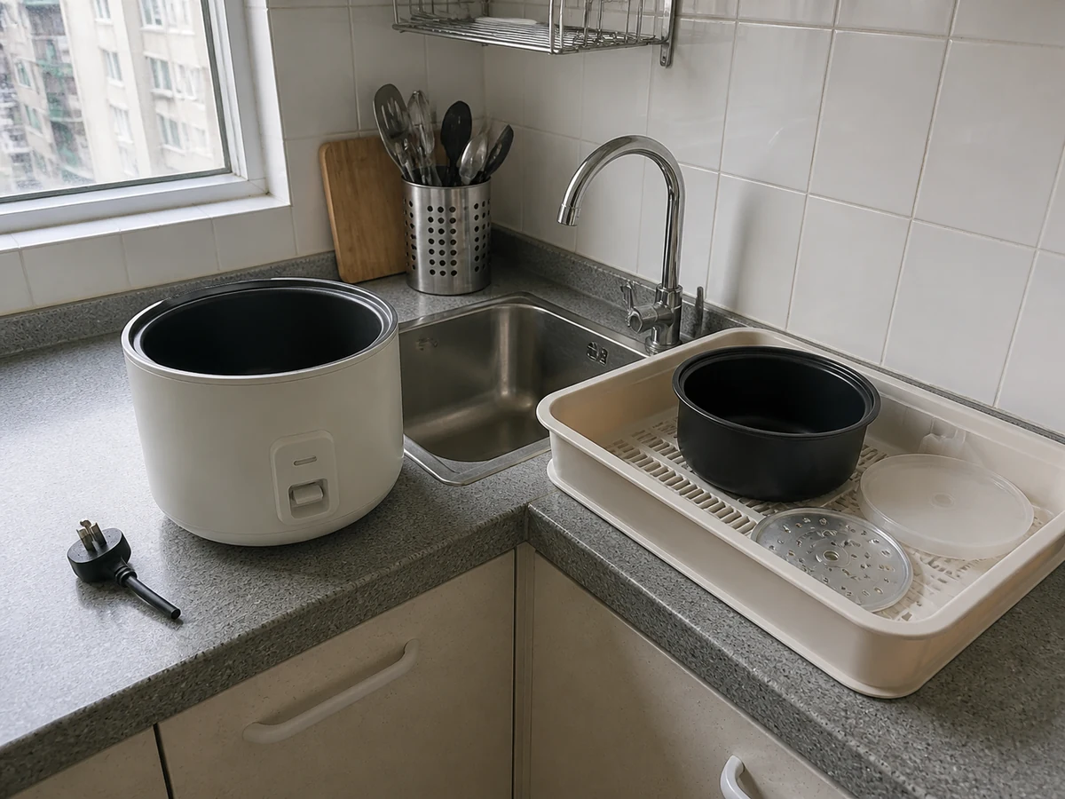 Immersing or rinsing the whole cooker — Wash only approved removable parts; wipe the body with a wrung cloth.