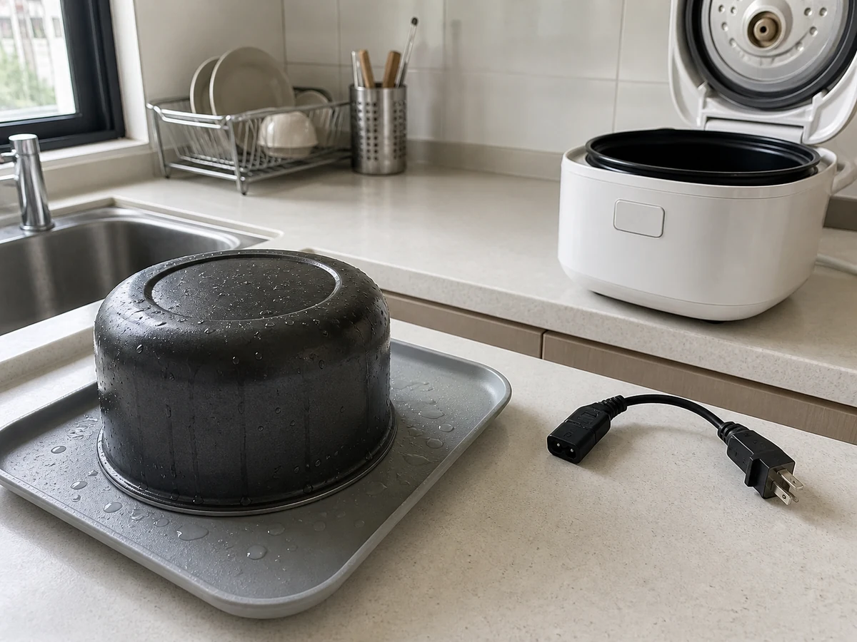 Refitting wet parts or a wet pan bottom — Dry parts, connectors, steam paths, and the pan exterior fully.