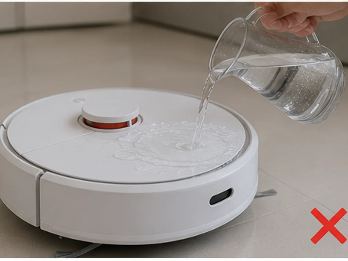 Menuang air ke badan robot — Cuci hanya bagian lepas yang diizinkan manual.