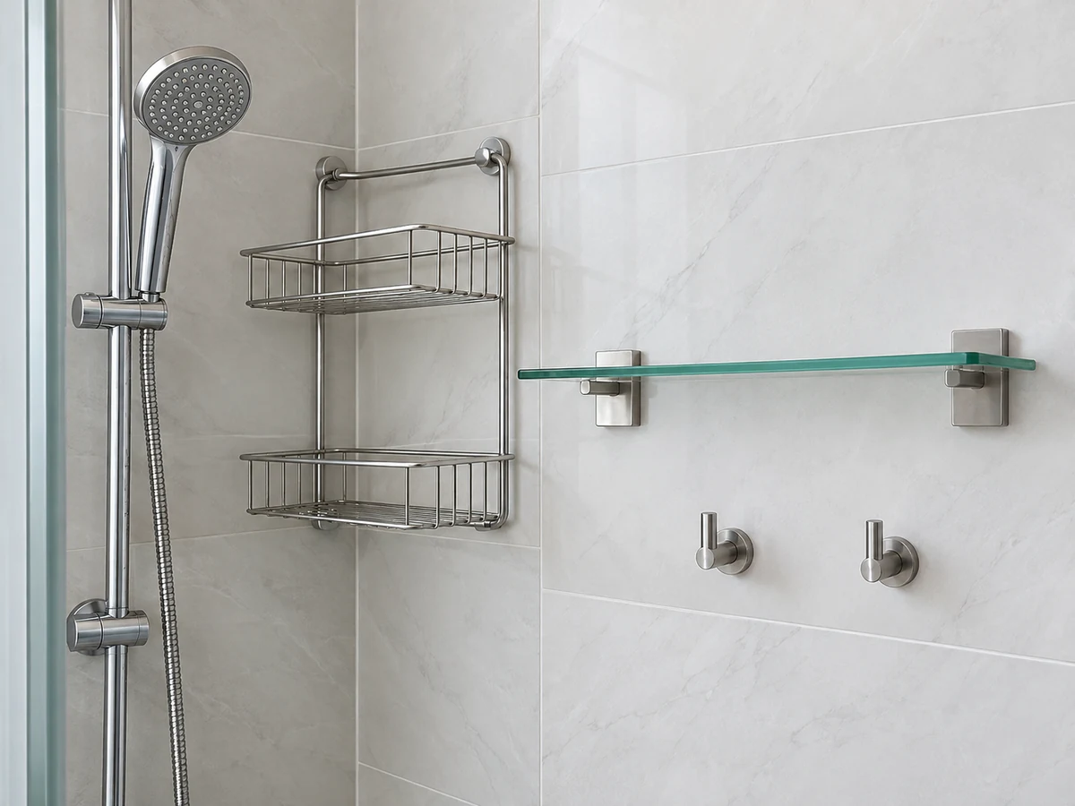 An empty shower caddy, glass shelf and hooks wiped free of soap residue with droplets dried underneath